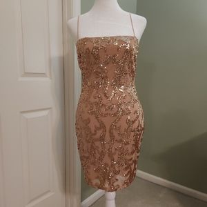 Windsor embroidered biege sequin mini dress with mesh overlay